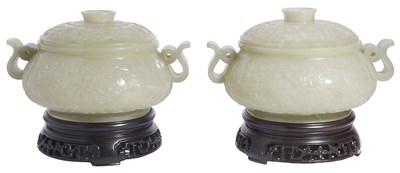 Lot 31 - A PAIR OF CHINESE CELADON JADE CENSERS AND COVERS