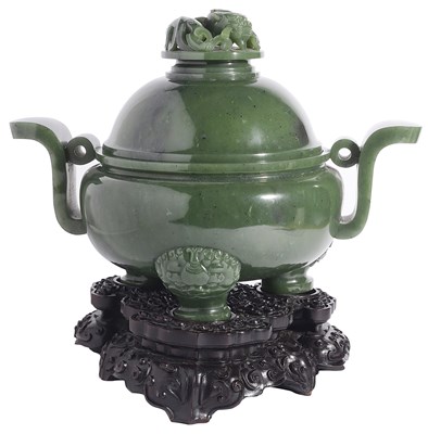 Lot 34 - A CHINESE SPINACH-GREEN JADE INCENSE BURNER AND COVER