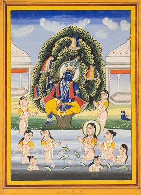 Lot 705 - KRISHNA HIDES THE CLOTHES OF THE GOPIS, JAIPUR, RAJASTHAN, LATE 19TH CENTURY