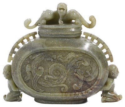 Lot 42 - A CHINESE ARCHAISTIC JADE 'CHILONG' JAR AND COVER