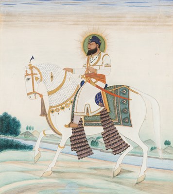 Lot 708 - A PORTRAIT OF A SIKH RULER ON HORSEBACK, MADRAS SCHOOL OF ART, 19TH CENTURY