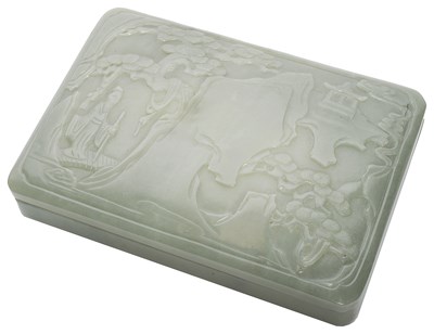 Lot 54 - A CELADON JADE RECTANGULAR 'LANDSCAPE' BOX AND COVER