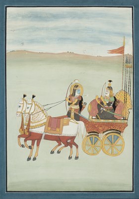 Lot 715 - RAMA AND LAKSHMANA RIDING ON THEIR CHARIOT, PROVINCIAL MUGHAL, NORTHERN INDIA, EARLY 19TH CENTURY