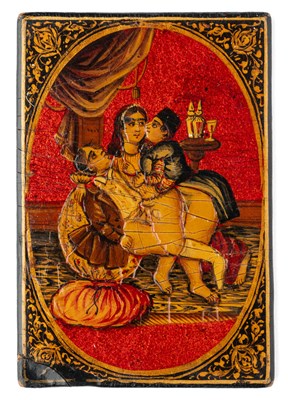 Lot 517 - A QAJAR LACQUERED PAPIER MACHE PLAYING CARD, PERSIA, 19TH CENTURY