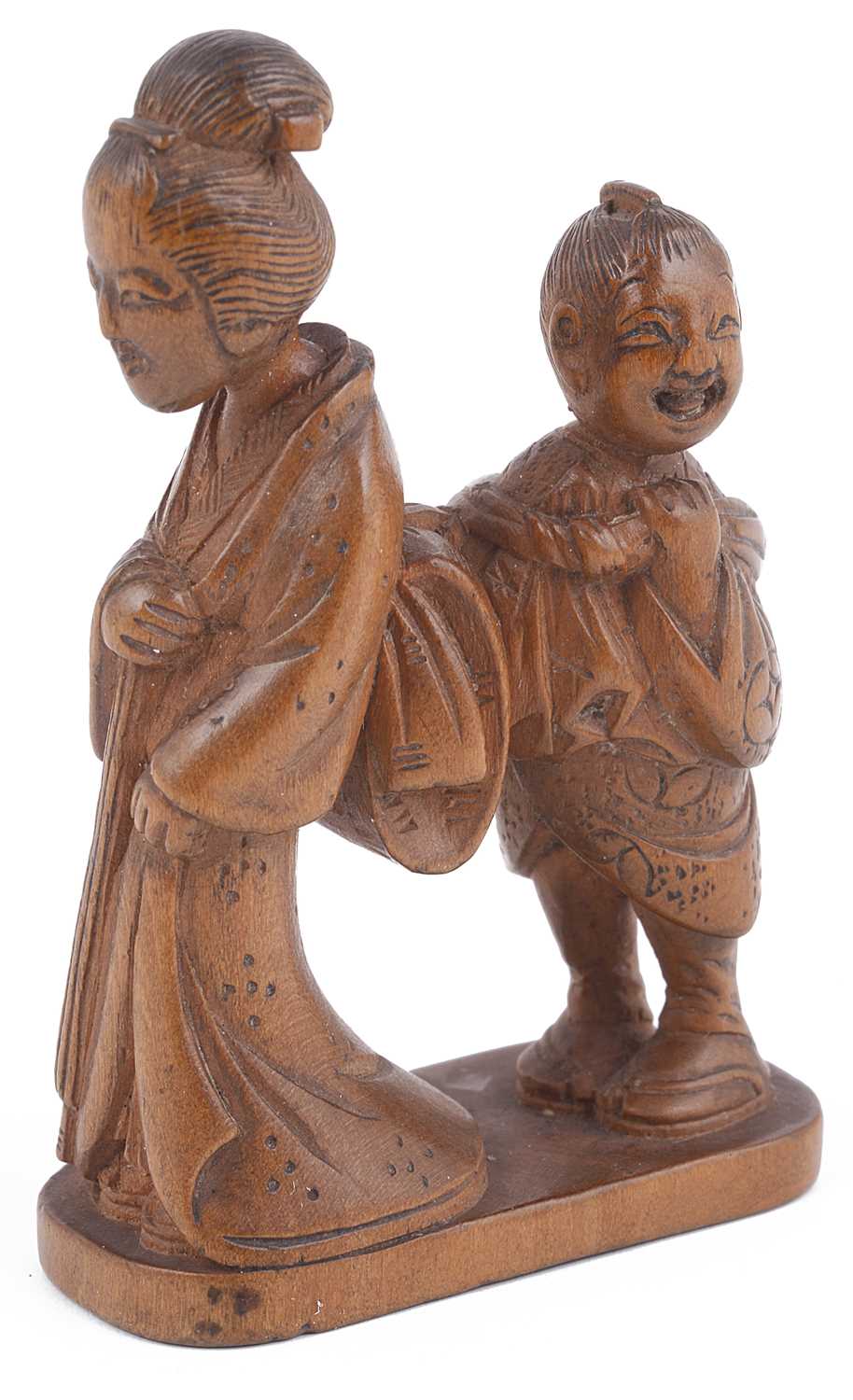 Lot 157 - BOXWOOD NETSUKE OF AN OLD GEISHA FOLLOWED BY A SNIGGERING BOY