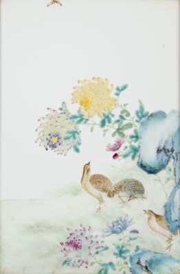 Lot 22 - A PAIR OF CHINESE FAMILLE-ROSE 'QUAIL' PLAQUES, EARLY 20TH CENTURY