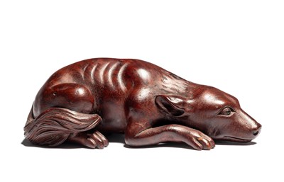 Lot 111 - TWO JAPANESE CARVED WOOD NETSUKE OF A HOUND AND A DEER, 20TH CENTURY