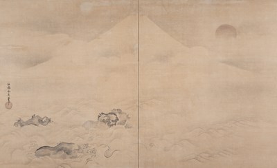 Lot 126 - A JAPANESE TWO-FOLD SCREEN DEPICTING MOUNT FUJI, ATTRIBUTED TO KANO EISHIN YASUNOBO (1775-1828)