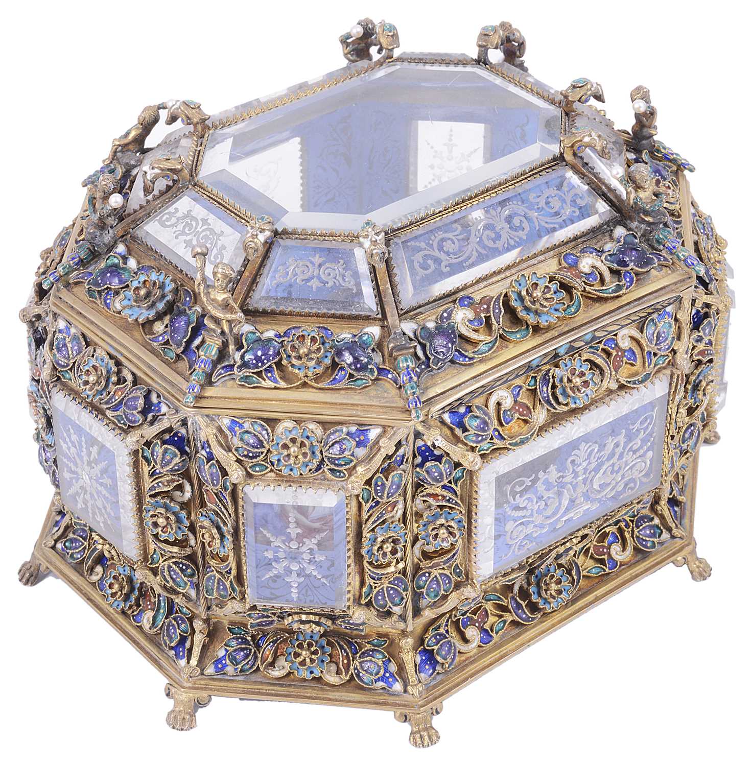 Lot 630 - AN AUSTRO-HUNGARIAN ENAMELLED SILVER-GILT AND ROCK CRYSTAL CASKET