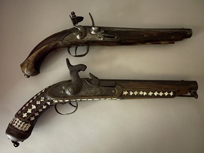 Lot 196 - A 28 BORE OTTOMAN FLINTLOCK HOLSTER PISTOL (KUBUR), TURKEY, LATE 18TH/19TH CENTURY AND A 36 BORE INDIAN PERCUSSION PISTOL, 19TH/EARLY 20TH CENTURY