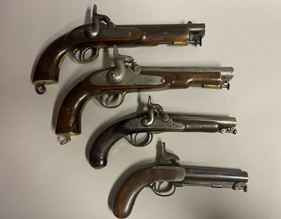 Lot 485 - A  16 BORE VICTORIAN PERCUSSION SERVICE PISTOL, BIRMINGHAM PROOF MARKS, THE LOCK DATED 1861 AND THREE FURTHER PISTOLS