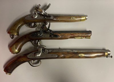 Lot 462 - A 12 BORE FLINTLOCK EAST INDIA COMPANY PISTOL, 19TH CENTURY AND TWO FURTHER PISTOLS