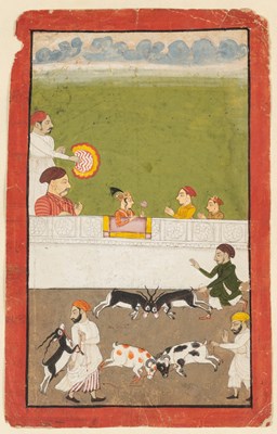 Lot 710 - A YOUNG PRINCE WATCHING AN ANIMAL FIGHT, RAJASTHAN, INDIA, LATE 18TH CENTURY