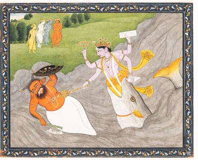 Lot 709 - MATSYA RECOVERS THE VEDAS FROM DAMANAKA, KANGRA, CIRCA 1830