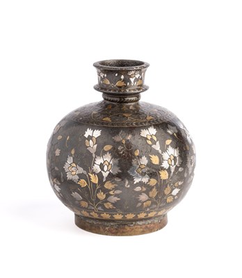 Lot 646 - A SILVER AND BRASS INLAID BIDRI HUQQA BOTTLE, DECCAN, MID-17TH CENTURY