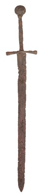 Lot 702 - A RARE MEDIEVAL HAND-AND-A-HALF SWORD, PROBABLY LATE 14TH/15TH CENTURY