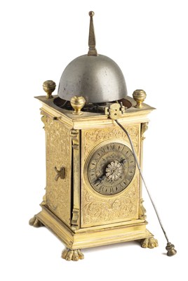 Lot 224 - A GILT COPPER AND BRASS SMALL BRACKET CLOCK, GERMAN, MID 17TH CENTURY