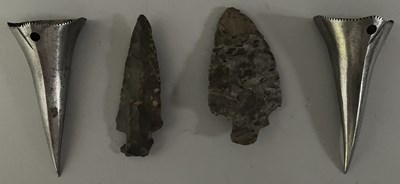 Lot 339 - TWO FLINT ARROWHEADS AND TWO MINIATURE SABATON TERMINALS IN LATE 15TH CENTURY STYLE