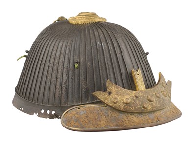 Lot 122 - A JAPANESE RIDGED HELMET (SUJIBACHI KABUTO) SIGNED JOSHU (NO) JU SAOTOME IENARI, MOMOYAMA PERIOD, 16TH CENTURY