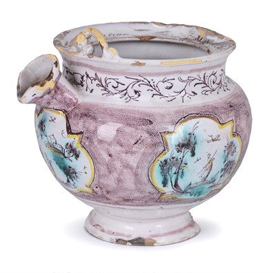 Lot 9 - AN ITALIAN FAIENCE SPOUTED POT, MILAN OR PAVIA, CIRCA 1760