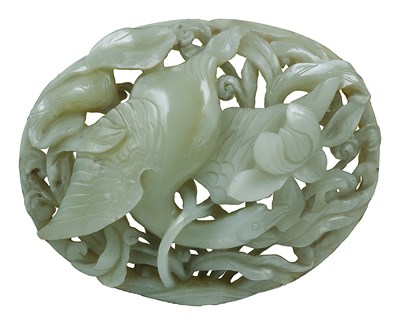 Lot 59 - â€¡A CHINESE CELADON JADE OVAL PLAQUE