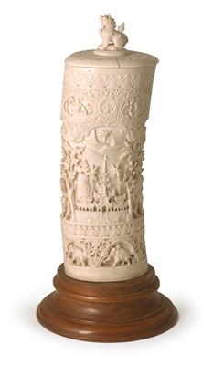 Lot 84 - A BURMESE CARVED IVORY TUSK AND COVER