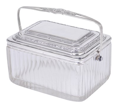 Lot 179 - A FRENCH SILVER AND GLASS BISCUIT BOX