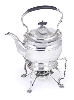 Lot 219 - A GEORGE V SILVER TEA KETTLE ON STAND WITH BURNER