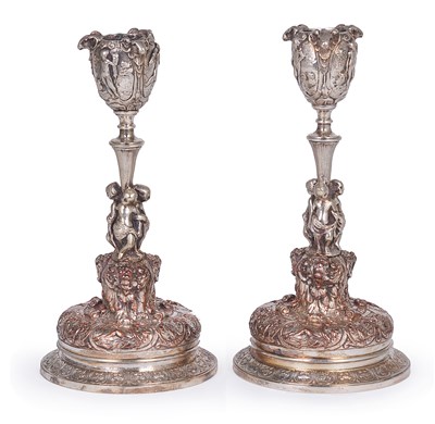 Lot 230 - A PAIR OF VICTORIAN ELECTROPLATE CANDLESTICKS