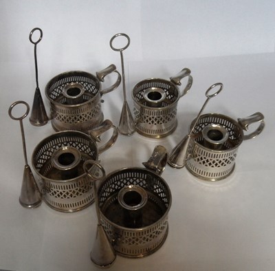 Lot 231 - A SET OF FIVE VICTORIAN ELECTROPLATE CHAMBER CANDLESTICKS