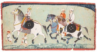 Lot 711 - THREE NOBLEMEN ON HORSEBACK, PROBABLY BUNDI, RAJASTHAN, LATE 18TH CENTURY