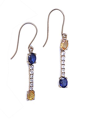 Lot 343 - PAIR OF BI-COLOURED SAPPHIRE AND DIAMOND EAR PENDANTS
