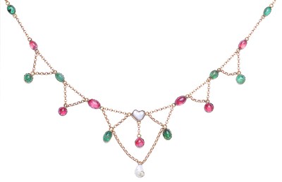 Lot 347 - BLISTER PEARL, TOURMALINE AND EMERALD NECKLACE