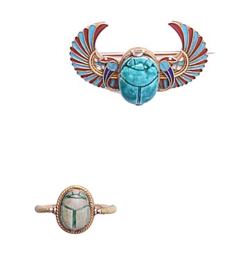 Lot 355 - ARCHAEOLOGICAL REVIVAL GOLD AND FAIENCE BROOCH AND RING