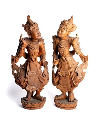 Lot 795 - TWO CARVED WOOD MYTHICAL FIGURES, BURMA (MYANMAR), LATE 19TH CENTURY