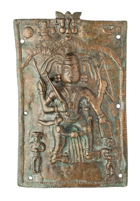 Lot 617 - A BRONZE VIRABHADRA PLAQUE, WESTERN DECCAN, INDIA, CIRCA 18TH CENTURY