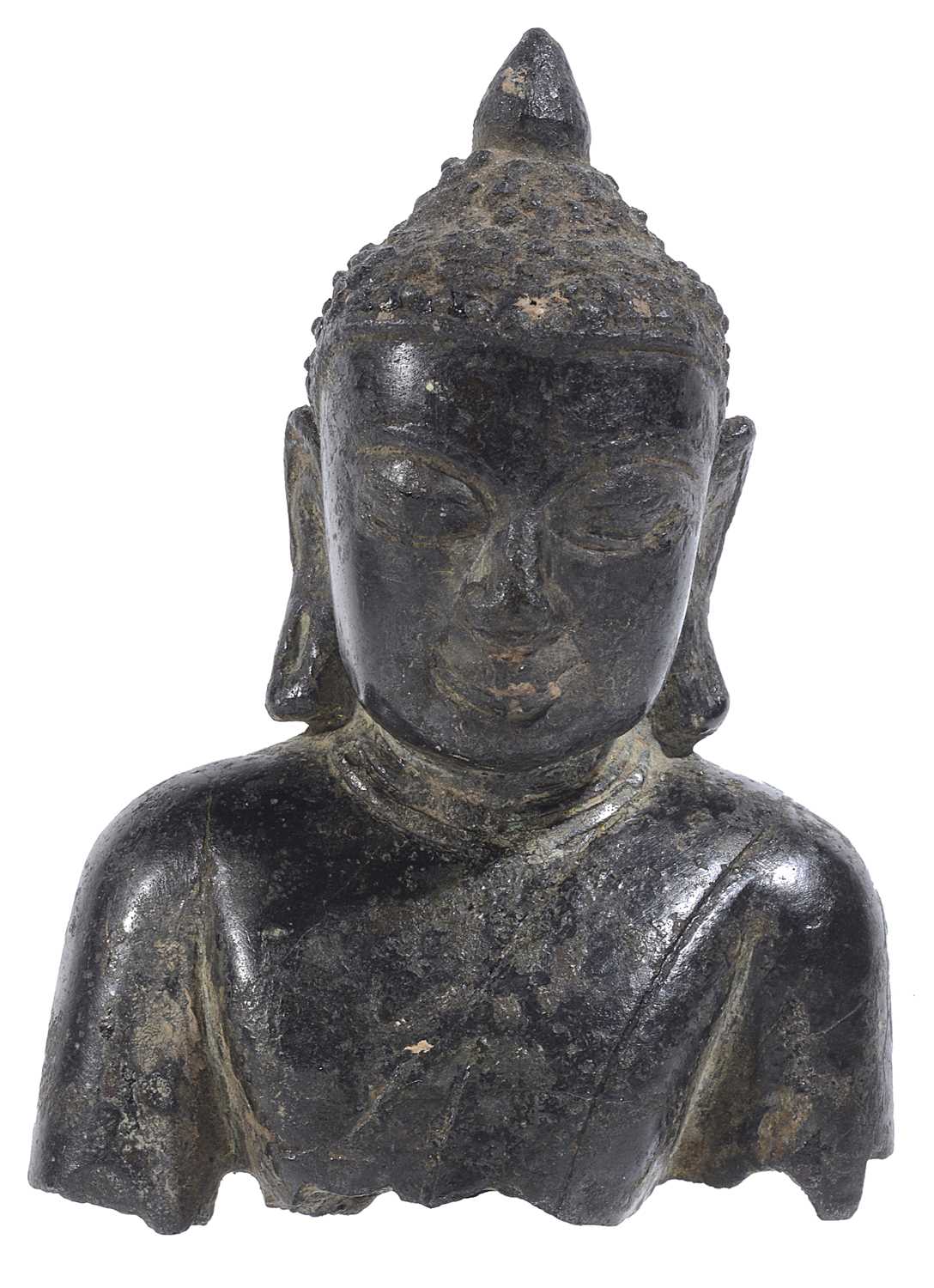 Lot 88 - A SMALL BRONZE BUST OF BUDDHA