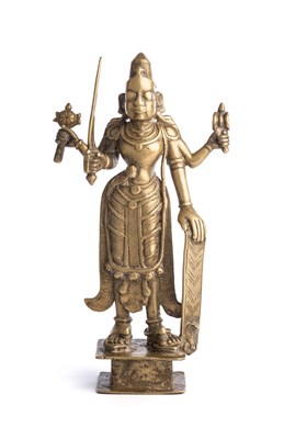 Lot 620 - A LARGE BRASS FIGURE OF VIRABHADRA, WESTERN DECCAN, INDIA, CIRCA 18TH CENTURY