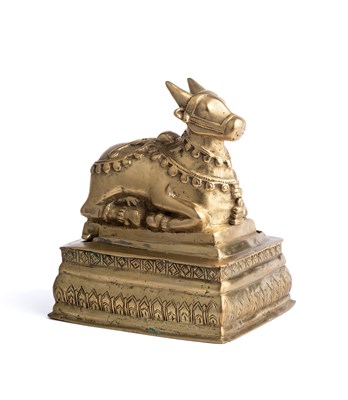 Lot 600 - A BRONZE FIGURE OF NANDI BULL, WESTERN DECCAN, INDIA, CIRCA 18TH CENTURY