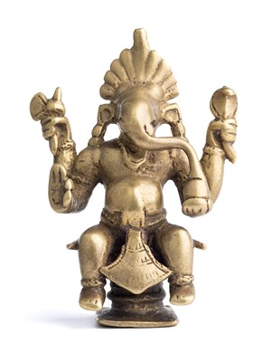 Lot 597 - A BRONZE FIGURE OF GANESHA, WESTERN DECCAN, INDIA, CIRCA 18TH CENTURY