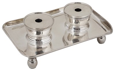 Lot 419 - A GEORGE V SILVER TWO-BOTTLE INKSTAND