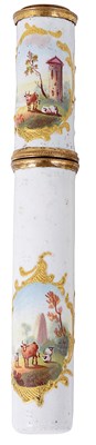 Lot 530 - A STAFFORDSHIRE ENAMEL BODKIN CASE WITH SCENT FLASK