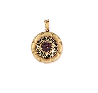 Lot 583 - GOLD, GARNET AND ENAMEL MOURNING PENDANT
