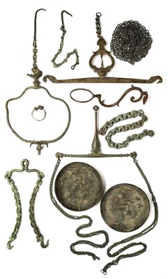 Lot 751 - A GROUP OF BRONZE ELEMENTS, MOSTLY FROM WEIGHING SCALES, JAVA, INDONESIA, 14TH CENTURY AND LATER