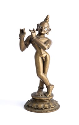 Lot 599 - A LARGE BRONZE FIGURE OF KRISHNA VENUGOPALA, BENGAL, EASTERN INDIA, 18TH/19TH CENTURY