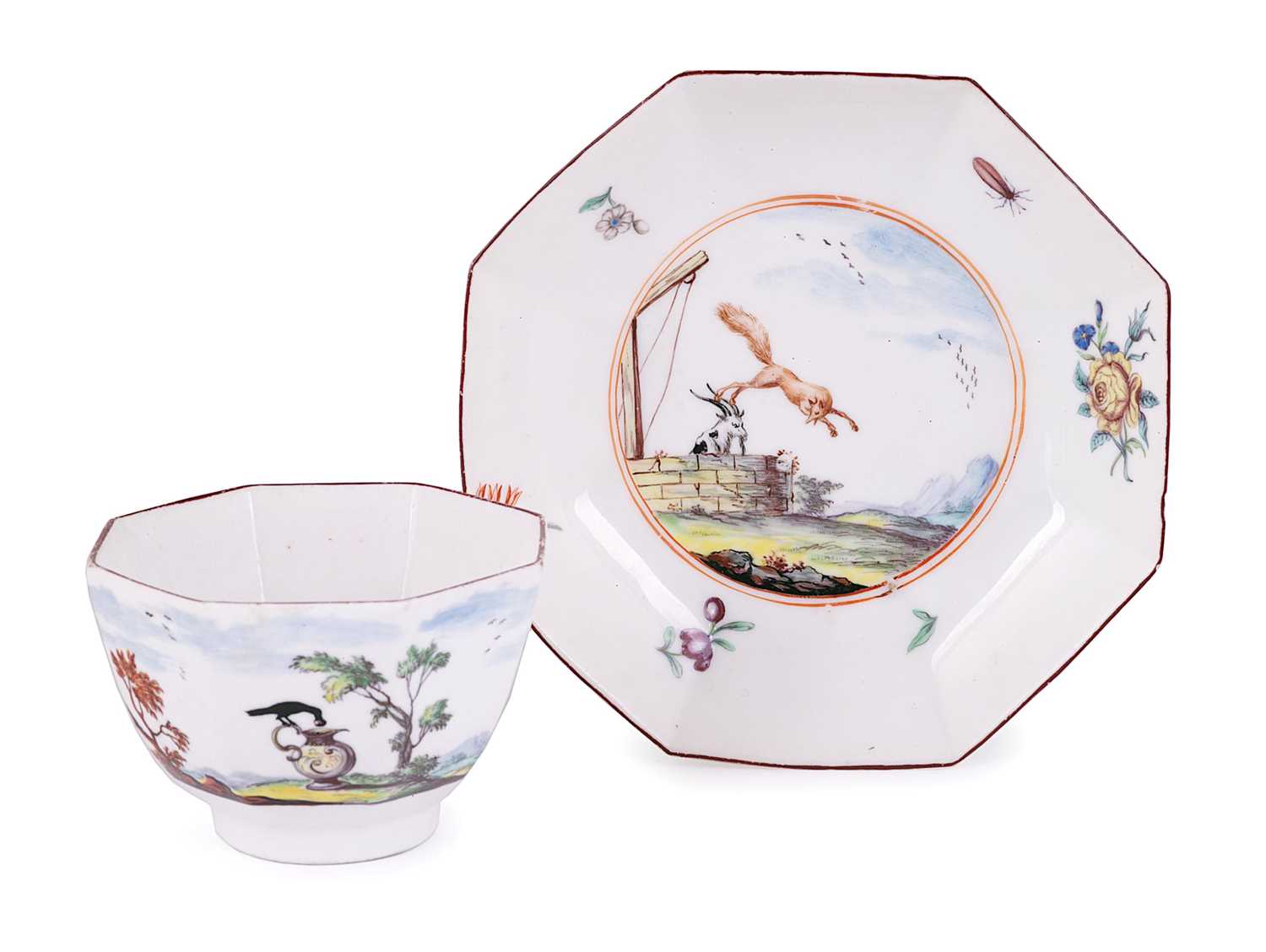 Lot 14 - A CHELSEA FABLE SUBJECT OCTAGONAL TEABOWL AND SAUCER