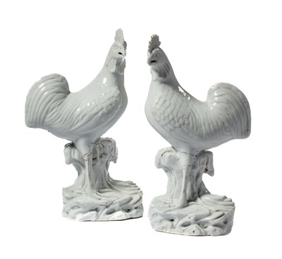 Lot 38 - A RARE PAIR OF CHINESE EXPORT WHITE-GLAZED COCKEREL, QING DYNASTY, 18TH CENTURY