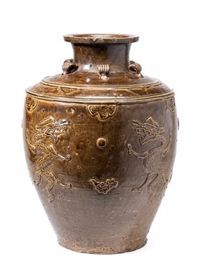 Lot 80 - A LARGE CHINESE MARTABAN OLIVE-GREEN GLAZED 'DRAGON' JAR, 16TH CENTURY