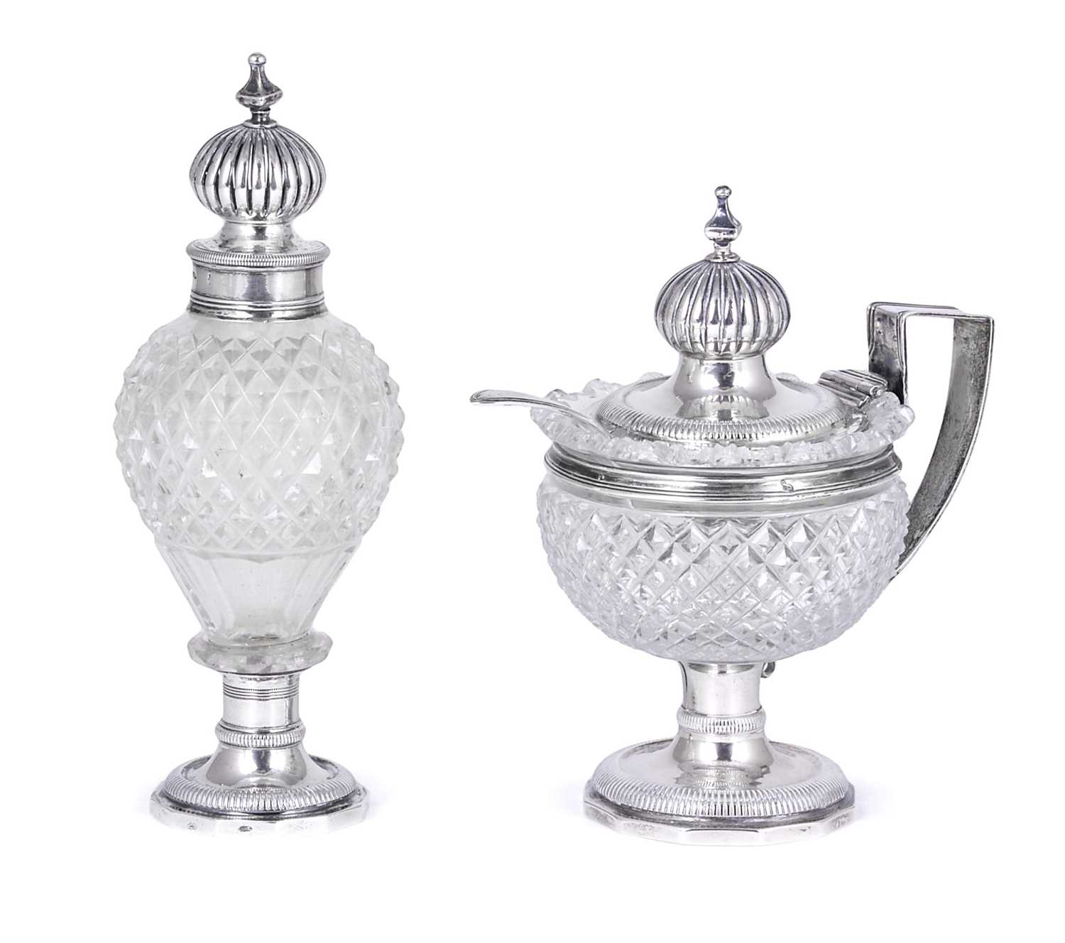 Lot 279 - A DUTCH SILVER-MOUNTED MUSTARD POT AND CASTER SET