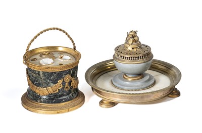 Lot 53 - TWO EMPIRE STYLE GILT-METAL-MOUNTED MARBLE INKSTANDS, FRENCH, 19TH CENTURY